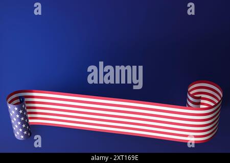 Rendu artistique du drapeau américain, élégamment stylisé comme un ruban sur un fond bleu profond, parfait pour les fêtes nationales, les événements patriotiques Banque D'Images