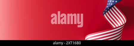 Rendu artistique du drapeau américain, élégamment stylisé comme un ruban sur un fond rouge, parfait pour les fêtes nationales, les événements patriotiques, ou Banque D'Images