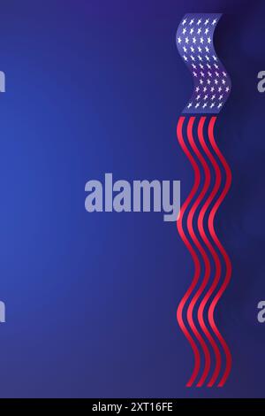 Rendu artistique du drapeau américain, élégamment stylisé comme des rubans sur un fond bleu profond, parfait pour les fêtes nationales, les événements patriotiques Banque D'Images