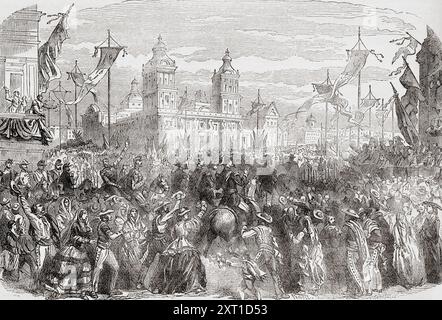 Les troupes françaises arrivant au Mexique en 1864, lors de la seconde intervention française au Mexique, dite de la seconde guerre franco-mexicaine (1861-1867). Extrait de Cassell's Illustrated History of England, publié vers 1880. Banque D'Images