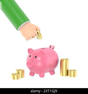 Plat 3d isométrique main d'homme d'affaires mettant la pièce de dollar dans la tirelire. Concept financier et économique.rendu 3D sur fond blanc. Banque D'Images