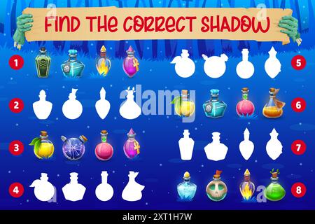 Jeu pour enfants d'Halloween. Trouvez un quiz de puzzle correct ombre de bouteilles de potion. Feuille de travail vectorielle de l'activité éducative des enfants avec des bouteilles en verre de potion magique de sorcière, des flacons d'élixir d'alchimie et des pots de poison Illustration de Vecteur