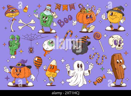 Personnages groovy d'Halloween de dessin animé de citrouille de vacances d'horreur vectorielle, fantôme et crâne. Rétro hippie groovy main zombie, champignon psychédélique, chat sorcier et potion. Friandises d'Halloween Illustration de Vecteur