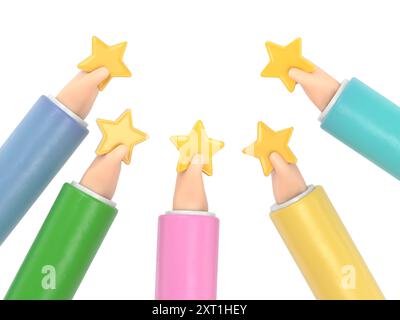 Personnages de personnes qui donnent un feedback cinq étoiles. Les clients qui choisissent le taux de satisfaction et laissent un avis positif. Service client et expérience utilisateur Co Banque D'Images