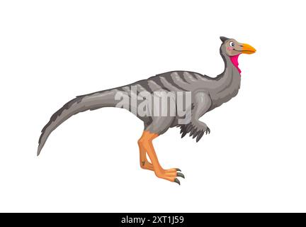 Dinosaure préhistorique Pelecanimimus. Prédateur de dinosaure oiseau de vecteur de bande dessinée isolé avec plumage gris, cou allongé avec une poche de gorge rose et bec orange pointu, jambes minces avec des griffes acérées Illustration de Vecteur