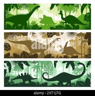 Dinosaures préhistoriques dans le paysage de silhouette de forêt ou parc jurassique, arrière-plans vectoriels. Dessin animé lézards dinosaures préhistoriques dans les arbres de la forêt de la jungle et silhouettes de stégosaure et brontosaure Illustration de Vecteur