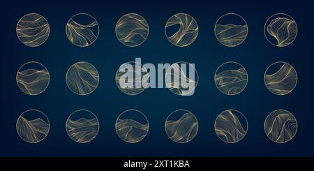 Ensemble vectoriel de logos d'onde de ligne, icônes d'eau de cercle. Océan, symboles dorés de luxe de la mer. Forme abstraite éléments simples, emblème de l'entreprise, spa, station balnéaire Illustration de Vecteur