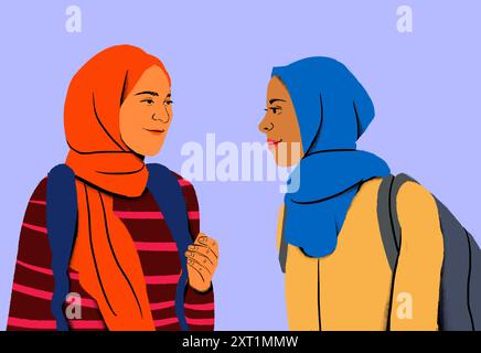 Deux femmes dans des hijabs vibrants, souriant l'une à l'autre sur un fond violet. Amis, conversation, culture, hijab, unité. Deux femmes portant colorf Banque D'Images