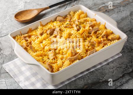 Thon Mornay crémeux thon casserole Fussili Pasta Bake gros plan sur le plat de cuisson sur la table. Horizontal Banque D'Images