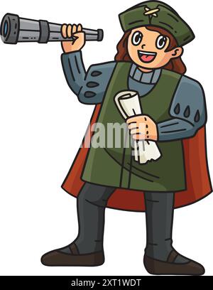 Columbus Day Man avec Scroll Telescope Clipart Illustration de Vecteur