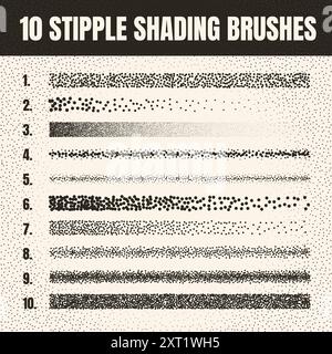 Pinceau dispersé à stipple, dessin à l'encre et texturation. Dégradé de fondu. Pointillés, dessin dotwork, ombrage à l'aide de points. Effet de désintégration des demi-tons Illustration de Vecteur