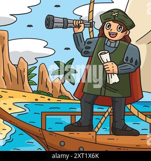 Columbus Day Man avec Scroll Telescope coloré Illustration de Vecteur