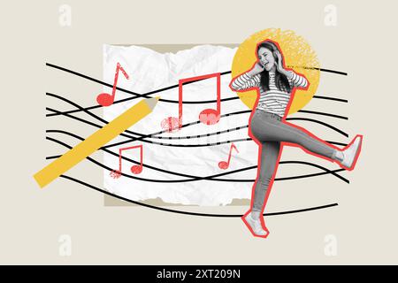 Image composite de collage de jeune femme drôle dansant écouter des écouteurs de musique chanter fantasy panneau d'affichage comics zine minimal Banque D'Images