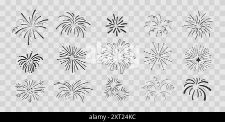 Set feux d'artifice radial Doodle ligne cercle d'explosion scintillant avec des rayons, pétards dessinés à la main décoration simple et ronde isolée sur fond transprent. Illustration vectorielle Illustration de Vecteur