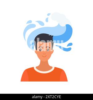 Une illustration d'une personne avec des pensées positives, entourée de chats ludiques. Illustration de Vecteur