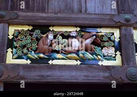 Une photographie rapprochée des trois singes célèbres sculptés dans le bois dans un sanctuaire situé à Nikko, au Japon Banque D'Images