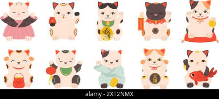 Chat maneki japonais traditionnel. Neko Cats dessins animés personnages isolés. Chance et richesse symboles asiatiques, éléments décoratifs pour la maison, vecteur douillet Illustration de Vecteur