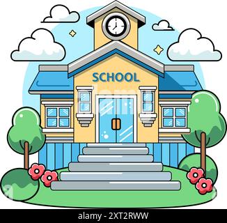 Un bâtiment scolaire avec horloge et fenêtres, portes et escaliers. Arbres verts et buissons avec des fleurs. Illustration plate Illustration de Vecteur