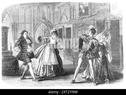 Scène tirée de "Ages Ago", à la Galerie d'illustration, 1870. Le nouveau divertissement... fait beaucoup crédit à la fois à Mr. et Mrs. German Reed, et à Mr. W. S. Gilbert, l'auteur... il n'y a qu'une scène... il s'agit d'une galerie d'images dans un vieux château, appelé Glen Cockaleekie, maintenant en possession de Sir Ebenezer Tare, un riche suif-chandler, qui est troublé à cause des attentions versées à sa fille par un jeune gentleman de bonne famille, mais pauvre. La vieille gouvernante, cependant, a pris les amants sous sa protection, et s'efforce de les posséder avec les superstitions par lesquelles elle est Banque D'Images