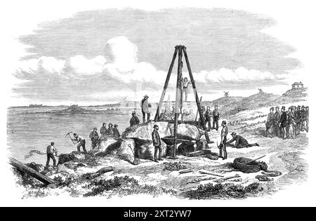 Élévation de la pierre angulaire ouest du Trepied Cromlech, Guernesey, 1870. 'Ce Cromlech est appelé le Trepied, de la pierre angulaire principale étant soutenu sur trois accessoires ou pieds... la vue montre Perelle Bay, avec Fort Richmond...beyond est Vazou Bay... et Fort Hommett. Le Cromlech est la propriété de M.R. James le Cocq, qui heureusement... n'a pas permis à cet intéressant vestige de la préhistoire d'être brisé... le capstone occidental... avait glissé de ses appuis, et il a été jugé opportun et approprié par les archéologues les plus savants, messieurs Lukis, de soulever cette pierre et de la remplacer à son origine Banque D'Images