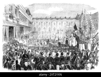 Shrove mardi procession du gros bœuf aux Tuileries, Paris, 1870. La lettre de notre correspondant parisien la semaine dernière donnait un compte rendu assez complet de la procession festive annuelle du boeuf gras, qui avait lieu le dimanche, le lundi et le mardi, étant une sorte de carnaval avant le Carême. Les quatre bœufs de prix - nommés le Tremblaye, le Normand, Port Saïd et Amurath IV. - transportés dans les rues, avec les augures romaines sacrificielles, sur des voitures basses accrochées avec des drapeaux, des drapeaux, et les conifères, étaient à cette occasion accompagnés non seulement par la voiture triomphale de Clodoche et les masqueraders habituels, bu Banque D'Images