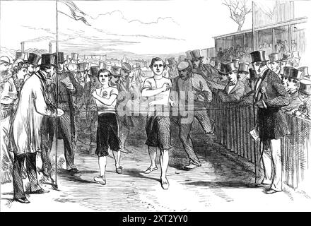 King's College School Athletic Sports : fin du match de marche de deux miles, 1870. « La cinquième célébration annuelle des sports sportifs de la King's College School a eu lieu samedi dernier au pont Lillie. F. E. M. Humber couvrait 17 pieds. 7&#xbd ; in., et a remporté le premier prix pour le saut en longueur ; J. Wyatt, le secrétaire, a pris le second. E. B. White, dans le saut en hauteur, a atteint 4 pieds. 11 pouces, et a gagné ; et B. Dale (moins de seize ans) à 4 pieds. 10 po., également pour obtenir un prix. S. Bailey et E. B. White sont également les vainqueurs d'une course de haies de 150 yards de dix vols. L'affaire la plus excitante de l'ensemble Banque D'Images