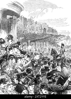 Incidents de la revue des bénévoles de Pâques, 1870. Des soldats britanniques participent à un événement annuel près de Brighton: un "...simulacre de combat le lundi de Pâques, dans lequel le corps de fusiliers volontaires de Londres et des comtés voisins, avec quelques-uns venant du Lancashire ou du Yorkshire, a rassemblé le nombre de 26 000 à Brighton Downs... une grande partie des forces de volontaires métropolitains est descendue à Brighton le samedi, ou le vendredi Saint, sûr de passer le temps des vacances agréablement dans cette agréable ville balnéaire... les habitants semblaient heureux d'accueillir les défenseurs citoyens de leur terre natale...[c'était] un grand Banque D'Images