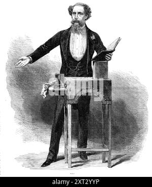 Dernière lecture de M.R. Charles Dickens, 1870. 'M. Dickens était et est remarquablement bien qualifié pour la tâche [de lire ses œuvres en public]. Il possède beaucoup de pouvoir histrionique, et a plus d'une fois pris part à des représentations théâtrales, pour le plus grand plaisir de ses amis...mardi soir dernier, Mr. Dickens a clôturé sa longue série de lectures au salon James's Hall, choisir le chant de Noël et le procès de Pickwick..L'auteur..a exprimé [son regret] dans le discours suivant..."Mesdames et Gentlemen...it serait hypocrite et insensible, si je devais déguiser que je ferme cet épi Banque D'Images