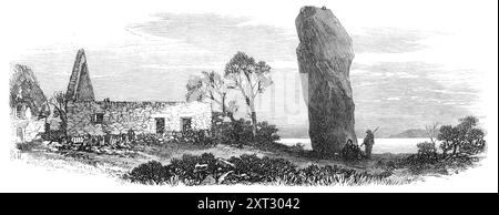 Vestiges préhistoriques à Jersey : le Menhir le Quesnel, 1870. Un menhir de douze pieds situé dans un champ connu sous le nom de Clos de la Chenellerie au centre du promontoire de la Moye. « Les menhirs, maenhirs, ou perulvans, sont des monolithes remarquables, ou des piliers de pierre, qui ont été placés dans des positions visibles, à une date inconnue, probablement pour commémorer une victoire de signal ou la mort d'un grand chef. Ils servent de repères pratiques, et un respect superstitieux leur est payé par la paysannerie. Le menhir appelé le Quesnel est un bon exemple de ces piliers. Il est visible pour certains dis Banque D'Images