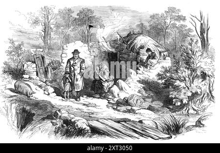 Sketches from Ireland : Cabin on the estate of Lord Castlemaine, in Kilkenny West, 1870. «... nous avons aperçu au bord de la route un tas de pierres, avec de la fumée qui s'enroulait autour, et une femme et des enfants nichés, pour ainsi dire, dans un coin. Dirigeant le conducteur pour s'arrêter, nous sommes descendus et avons constaté que l'objet qui avait attiré notre attention était une cabine composée d'un seul appartement, dont la mesure interne était inférieure à 9 pieds. Par 7 pieds., et qui n'avait ni cheminée ni même le plus insignifiant article de meubles en elle... pour autant que l'on pouvait détecter dans la fumée aveuglante du gazon fi Banque D'Images