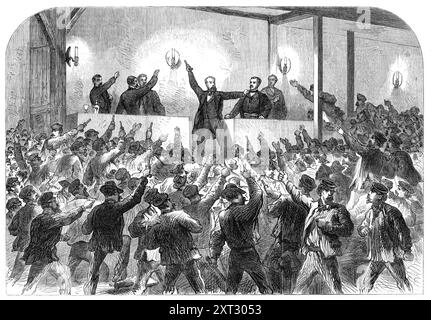 Les troubles à Paris : M. Flourens proclame la république, 1870. 'M. Gustave Flourens était le président de la réunion. Il annonça l'arrestation de son ami [Henri Rochefort], et, brandissant un revolver et une épée - tirée d'un bâton d'épée - il exhorta les gens à désarmer les sergents-de-ville et à faire leur devoir. Dans le même temps, il proclame la République en permanence, et place en état d'arrestation le commissaire de police désigné pour assister à la réunion. Il contraint ce fonctionnaire à l’accompagner dans sa progression par la rue de Flandres et la rue de la Villette. Jusqu'au ri Banque D'Images