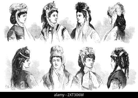 Paris mode pour juin : robes de tête, 1870. «1. Chapeau Beret Louis XV., en bleu faye, garni d'une grande plume d'autruche, tourne autour du haut du chapeau. Ficelle bleue faye attachée avec un crochet sous le menton. 2. Chapeau de paille blanc, garni sur le dessus de la couronne basse avec un bouquet de rubans et une fleur bleue. Le bord est légèrement retourné derrière et avant, et doublé à l'intérieur de soie bleue...3. Chapeau Frou-frou, en dentelle noire. Le devant est orné d'une dentelle cr&#xea;te et d'un noeud en satin noir. Un camélia rouge est porté sur le côté droit, et les cordes de taffetas roses... sont attachées à Banque D'Images