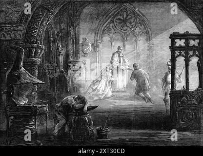 Scène tirée de "Free Labour", au Théâtre Adelphi, 1870. Spectacle sur scène à Londres. Le nouveau drame en quatre actes du "travail libre". Par M.R. Charles Reade... a une scène qui a droit à une reconnaissance spéciale pour son originalité incontestable ; c'est celle de la forge érigée par Henry Little dans l'ancienne église. L'intérieur du bâtiment, illuminé par le feu de la forge et rendu pittoresque par la dispersion des étincelles jetées par l'enclume, forme une image qui, si elle était peinte par Rembrandt ou un autre grand artiste, susciterait l'admiration universelle. Pendant qu'il est occupé en h. Banque D'Images