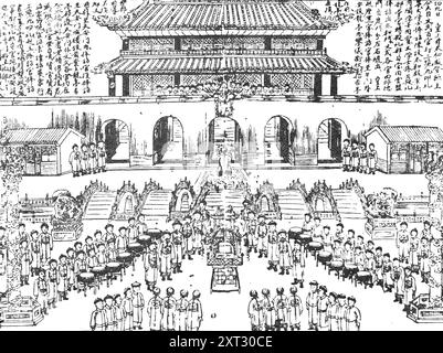 L'accession du nouveau souverain : la proclamation devant le palais impérial, 1909. 'A Chinese "Illustrated London News" : le journalisme pictural pratiqué en extrême-Orient (illustrations d'Un journal chinois). La Chine a longtemps ses journaux (en effet, il y avait un journal chinois publié à Londres en 1876), mais le journal illustré est relativement nouveau pour elle. Même son « Illustrated London News », le « Sing K'i T'ONG Pao » (« Weekly Illustrated Review »), est relativement rudimentaire, comparé à ses contemporains européens. Il est dit th Banque D'Images