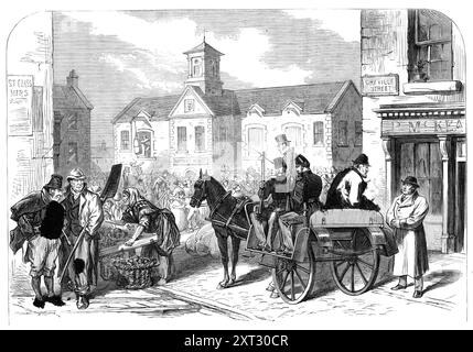 Sketches from Ireland : a Westmeath Gentleman Farmer assiste au marché Mullingar, 1870. "Partout en Irlande une foire au bétail se trouve... on trouve invariablement des policiers supplémentaires en service, qui se frayent un chemin parmi les pommes de terre et les porcs... par conséquent, on a vu sans surprise l'espace devant la maison de marché à Mullingar épaisse parsemé de constables le jour où le marché hebdomadaire a eu lieu. Pourtant, on était à peine prêt à voir une voiture privée conduire dans le milieu de la foule de gens ayant sur elle un gentleman à l'air respectable avec une grande barbe blanche, et un couple de p Banque D'Images