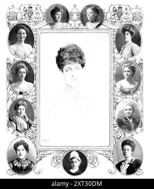 Dans les yeux du public à Manchester, 1909. «1. [Alice Stanley] la comtesse de Derby, épouse du comte de Derby et fille du septième duc de Manchester. 2. MRS [Elizabeth?] Holt, Lady Maire de Manchester. 3. MRS Knox [Ethel Mary Newton], épouse de l'évêque de Manchester. 4. Mlle Bell. Célèbre pour ses œuvres philanthropiques à Manchester. 5. Mlle Margaret Ashton, membre du conseil municipal de Manchester. 6. MM. Russell Allen, épouse de MM. Russell Allen. 7. MRS S. F. collier, épouse du révérend S. F. collier. 8. Lady Talbot, épouse de Sir W. H. Talbot, greffier de Manchester. 9. MRS John Royle, Banque D'Images