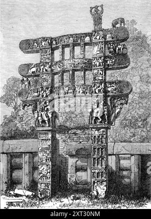 Indian architecture : Eastern Gateway of the Sanchi Tope, (Boodhist, A.D. 15), 1870. Gravure d'une photographie par le lieutenant Waterhouse montrant un exemple '... de l'architecture boodhiste - le plus ancien type d'art indien connu... de nombreuses topes - c'est-à-dire, des endroits pour le dépôt de reliques, tombes, et ainsi de suite - sont dispersées dans toute l'Inde. Autour d'eux, des murs circulaires étaient souvent construits, et les portes étaient généralement d'un caractère architectural. Le Tope de Sanchi, à Bhilsa, est l'un des plus remarquables. La date de la tope elle-même est 500 av.c., tandis que la porte est environ 500 ans plus tard. De t Banque D'Images