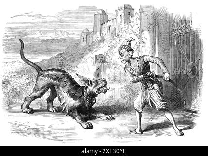 Pantomimes de Noël et burlesques : scène tirée de "The Yellow Dwarf", au Covent Garden Theatre, 1870. Spectacle sur scène à Londres. 'Pour Covent Garden, Mr. Byron a fourni "le nain jaune ; ou, Arlequin Cupidon."...Allfair consulte la fée du désert, étant accompagnée d'un Twitterino, une page, représentée admirablement par Mr. Fred Payne, qui sauve Allfair après avoir mangé le gâteau fatal, et obtient sa promesse de mariage. La fée du désert tombe amoureuse de Twitterino, sur qui elle tente un pas de fascination, ce qui a beaucoup plu au public. Pendant ce temps, le roi cherche à arranger un Banque D'Images