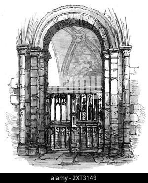 Écran à Selby Church, 1870. '...un très beau spécimen d'une abbaye normande...il fut un temps, en effet, où son abbé en mitaine passa en grand cortège le long de sa nef maintenant sombre et déserte, où, au milieu de tas de boiseries et de bois usés, gisaient les restes de l'écran, qui, à l'époque où le croquis a été pris, enjambait l'une des arches du nord, et ne reçoit maintenant - comme beaucoup de choses nobles et d'hommes - qu'une illustration posthume... [l'] Abbaye Church...seems hors de toute proportion avec la taille et l'importance d'une si petite ville, et ressemble plutôt au ministre d'une capitale provinciale que Banque D'Images