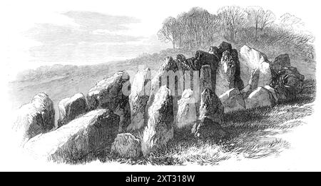 Vestiges préhistoriques à Jersey : le Cromlech du Mont préparé Ube, 1870. Dolmen de Mont Ub&#xe9 ; (St Clément), passage néolithique tombe construite c4000-3250 av. J.-C. « Le cromlech du Mont constitué Ube, bien que dépourvu de toutes les pierres de couverture, est encore très remarquable par la régularité de sa forme, qui expose le plan original des architectes celtes peut-être plus parfaitement que tout autre cromlech dans les îles Anglo-Normandes. La vue est de son coin nord-est. Il montre l'intérieur de la chambre occidentale, à l'intérieur de laquelle se trouvent deux piliers de pierre verticaux montrant des marques de main humaine. Ils l'ont évidemment été Banque D'Images