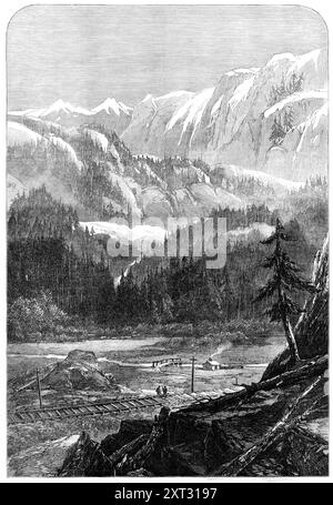 Central Pacific Railway of America : valley in the Sierra Nevada, 1870. Plusieurs illustrations des paysages des territoires de l'Utah et du Nevada le long de la ligne des chemins de fer Central Pacific and Pacific Union, qui permettent maintenant une communication ininterrompue entre les États de l'Atlantique et la Californie, ont été publiées dans ce Journal. Ils nous ont été envoyés par M. F. Whymper, composé en partie de ses propres croquis, en partie des photographies du capitaine Russell, avec lesquelles il avait la permission de traiter de cette manière. Celui maintenant gravé est une vue de la vallée de la Sierra, à travers laquelle le chemin de fer pas Banque D'Images