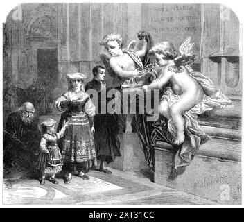 Fonte Holy-Water à l'entrée de l'établissement Peter's, Rome, 1870. 'En entrant dans la nef de la naissance Peter, les premières choses qui frappent l'attention du visiteur sont les deux fontes de l'eau bénite. Les chérubins, de marbre blanc, par lesquels ces polices sont gardées, sont chacun de la taille d'un homme adulte, mais la grande taille de l'architecture environnante les rend petits. Ce sont de belles œuvres de sculpture. La draperie autour d'eux est en partie blanche et en partie en marbre noir. La gigantesque coquille qui retient l'eau est d'un riche marbre jaune ou orange profond. Les chérubins, tout en tenant cette coquille, Banque D'Images