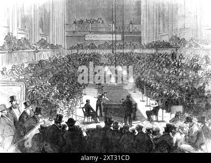 Match de billard pour le Championnat, au hall James, 1870. L'important match de billard joué vendredi, au James's Hall, Piccadilly, entre le M.R. John Roberts, qui a été estimé champion de ce match au cours des vingt dernières années, et le jeune M.R. William Cook, a attiré près de 1500 spectateurs au cours de la soirée...M.R. J. Bennett, du cabinet James's Hall, était arbitre. La table a été placée dans la salle et des sièges ont été fournis pour près de 1000 personnes. Peu de temps avant l'heure fixée pour jouer, la salle est devenue bondée, et jamais un tel nombre de personnes n'a été vu à A. Banque D'Images