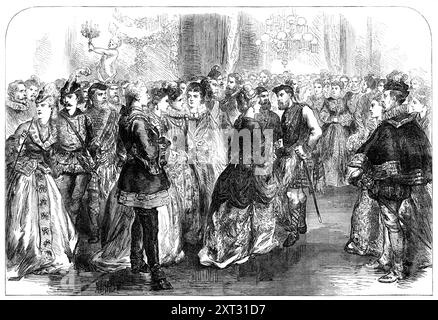 Le bal de Waverley à Willis's Rooms, [Londres], 1871. Royals en robe de fantaisie sur le thème écossais. Le prince héritier impérial et la princesse d'Allemagne ont visité le prince et la princesse [de Galles] à Marlborough House. Dans la soirée, leurs Altesses Royales étaient présentes au bal de Waverley dans les salles de Willis. Le prince a soutenu le caractère de Lord of the Isles, la princesse celle de Marie Reine d'Écosse. Tiré de "Illustrated London News", 1871. Banque D'Images