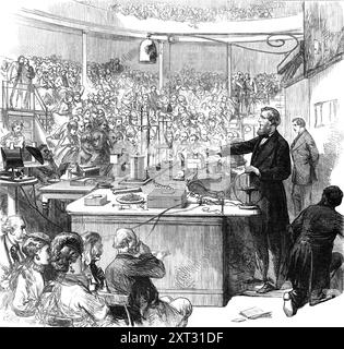 Professeur Tyndall conférencier à la Royal institution [à Londres], 1870. Le professeur Tyndall, ... après avoir expliqué l'appareil appelé un " disjoncteur ", employé pour connecter et déconnecter l'hélice avec la batterie, et ainsi réaliser et couper le circuit, qu'il a élucidé par des illustrations, a montré les principaux phénomènes de la force magnétique. Cette force, qui est réellement distribuée à travers la masse d'un aimant, semble être concentrée en deux points près des extrémités, appelés pôles, dotés de deux types opposés de magnétisme, une extrémité appelée nord et l'autre sud. Banque D'Images