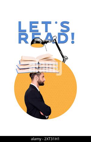Image d'illustration tendance collage photo de bannière permet de lire jeune homme intelligent garder l'équilibre trois énormes livres ouverts bibliothèque librairie idée lampe Banque D'Images