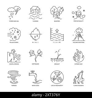 Icône de ligne d'impact du réchauffement climatique définie. Illustration vectorielle. Illustration de Vecteur