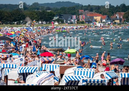 Voller Sommerstrand in Scharbeutz Das Bild zeigt einen vollen Strand in Scharbeutz an der Ostseeküste an einem sonnigen heißen Sommertag. Der Strand ist dicht besetzt mit Strandkörben, bunten Sonnenschirmen und zahlreichen Badegästen, die das warme Wetter genießen. IM Wasser tummeln sich Menschen, die schwimmen oder einfach im seichten Wasser stehen. An vielen Orten in Deutschland könnte es heute der bislang heißeste Tag des Jahres werden. Scharbeutz Schleswig-Holstein Deutschland *** plage d'été complète à Scharbeutz L'image montre une plage complète à Scharbeutz sur la côte de la mer Baltique sur un chaud Banque D'Images
