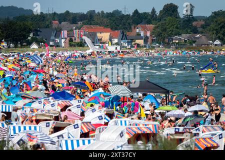 Voller Sommerstrand in Scharbeutz Das Bild zeigt einen vollen Strand in Scharbeutz an der Ostseeküste an einem sonnigen heißen Sommertag. Der Strand ist dicht besetzt mit Strandkörben, bunten Sonnenschirmen und zahlreichen Badegästen, die das warme Wetter genießen. IM Wasser tummeln sich Menschen, die schwimmen oder einfach im seichten Wasser stehen. An vielen Orten in Deutschland könnte es heute der bislang heißeste Tag des Jahres werden. Scharbeutz Schleswig-Holstein Deutschland *** plage d'été complète à Scharbeutz L'image montre une plage complète à Scharbeutz sur la côte de la mer Baltique sur un chaud Banque D'Images