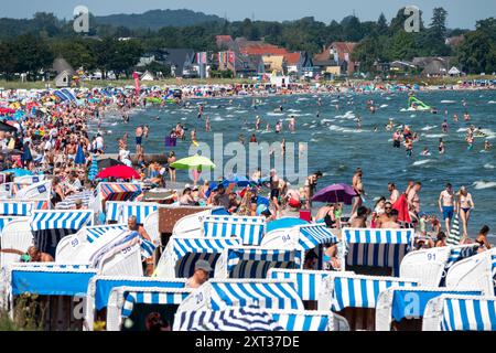 Voller Sommerstrand in Scharbeutz Das Bild zeigt einen vollen Strand in Scharbeutz an der Ostseeküste an einem sonnigen heißen Sommertag. Der Strand ist dicht besetzt mit Strandkörben, bunten Sonnenschirmen und zahlreichen Badegästen, die das warme Wetter genießen. IM Wasser tummeln sich Menschen, die schwimmen oder einfach im seichten Wasser stehen. An vielen Orten in Deutschland könnte es heute der bislang heißeste Tag des Jahres werden. Scharbeutz Schleswig-Holstein Deutschland *** plage d'été complète à Scharbeutz L'image montre une plage complète à Scharbeutz sur la côte de la mer Baltique sur un chaud Banque D'Images